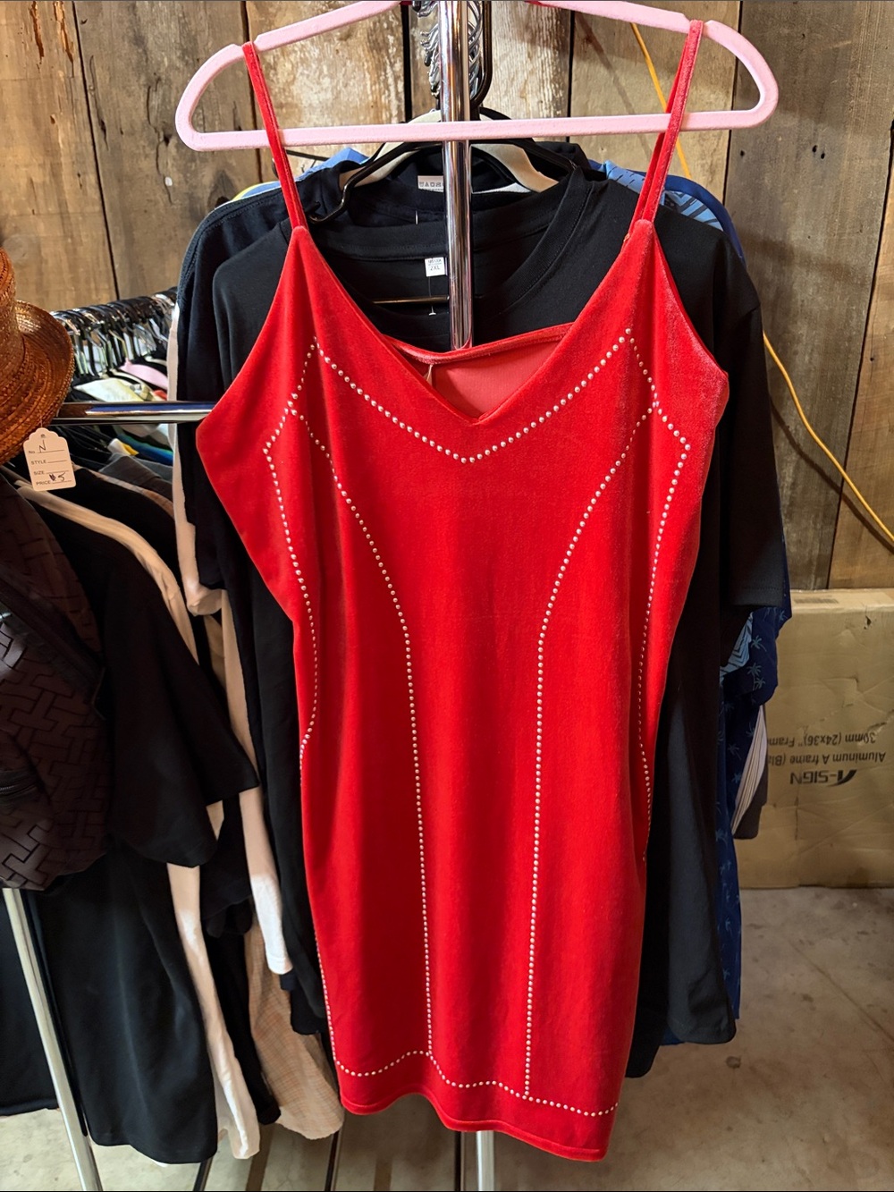 Red Studded Slip Mini Dress with Thin Straps